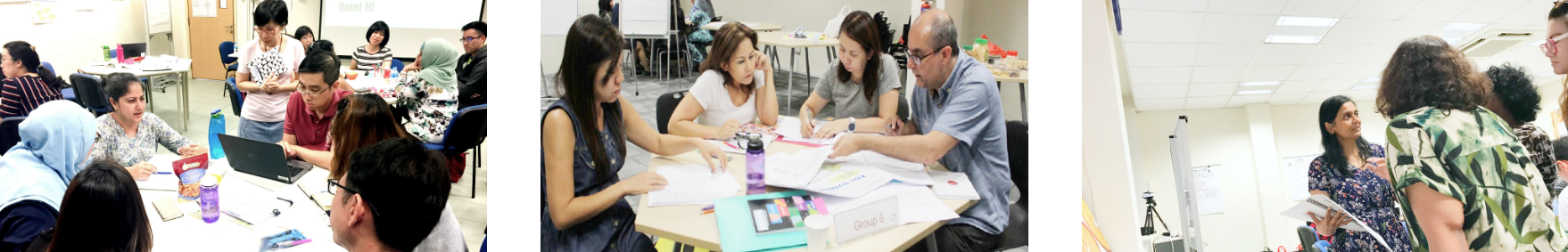 Three photos show diverse groups of adults collaborating at tables with papers and laptops in a classroom setting.
